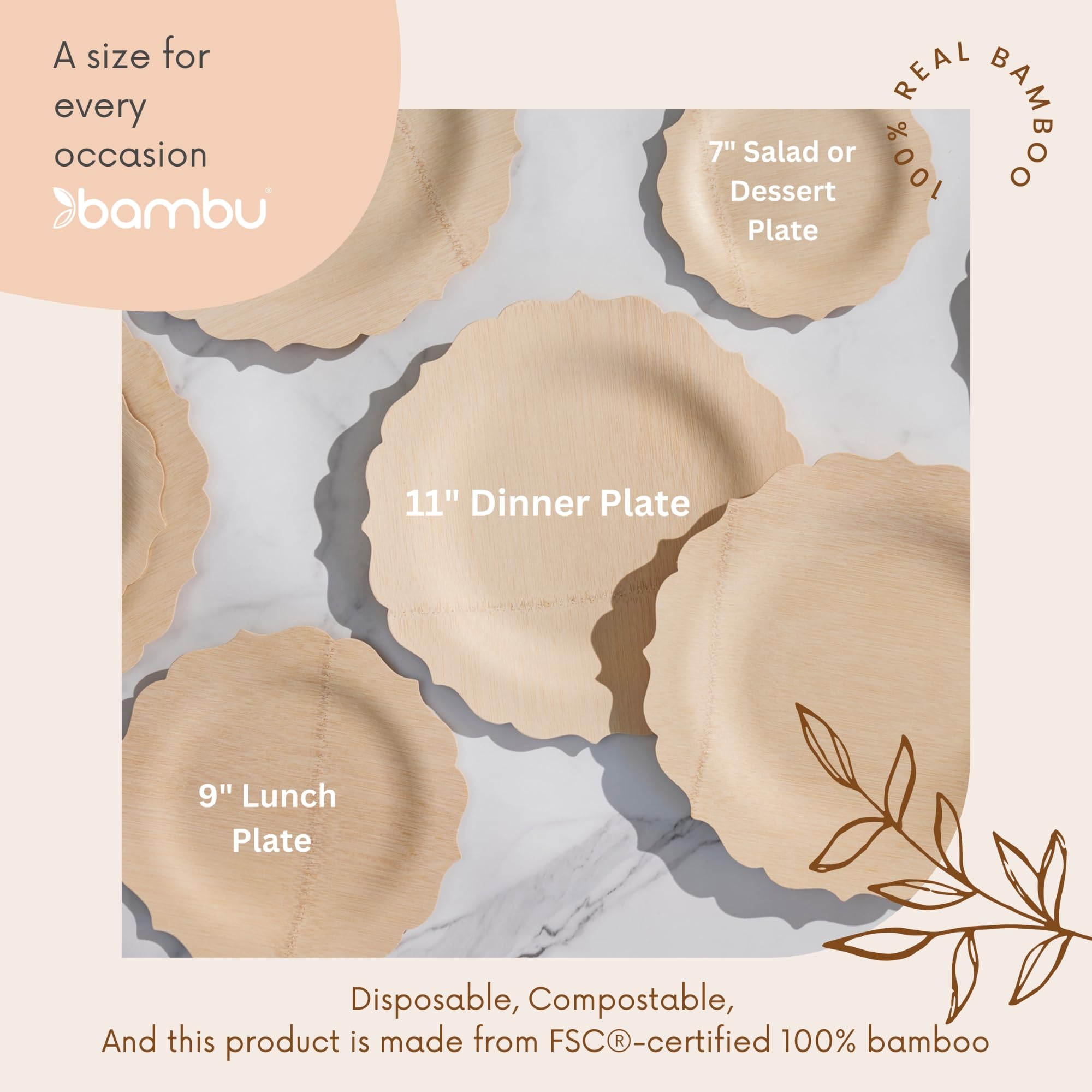 Bambu Pack of 25-9 Inch Disposable Bamboo Plates Fancy, Biodegradable Eco Friendly Products, Bamboo Disposable Plates for Party, Weddings, and Events