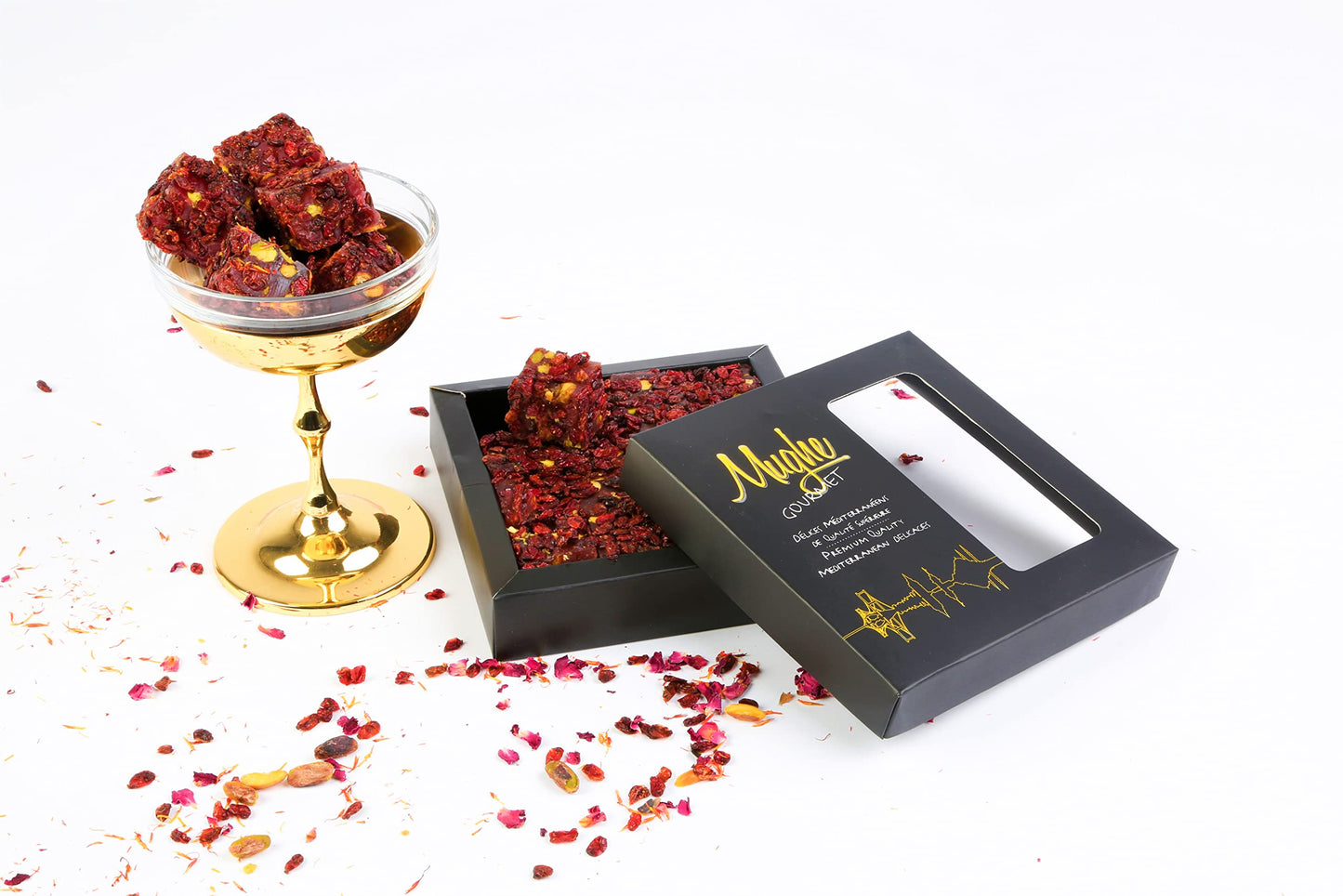 Mughe Gourmet Luxury Zereshk Barberry Pistachios Turkish Delight with Pomegranate Flavor 360g-20pc - Gourmet Gift Box - Sweet and Sour Zereshk Grape