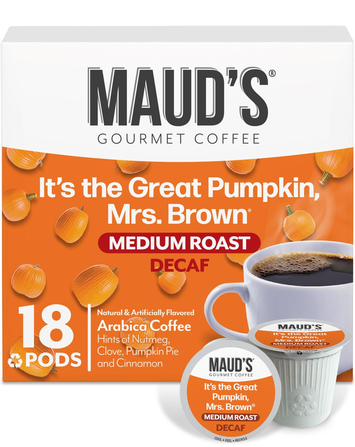 Maud's Decaf Pumpkin Spice Flavored Coffee Pods, 18 ct, Medium Roast Flavored Coffee in Single Serve Pods - 100% Arabica Beans, Compatible with Keurig