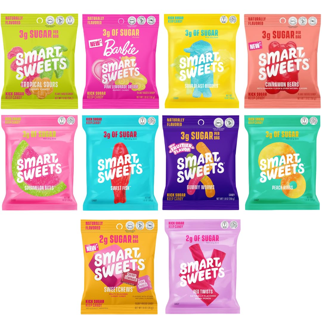 SmartSweets 10 Pack Assorted Variety - Sweet Fish, Sour Blast Buddies, Peach Rings, Red Twists, Gummy Sour Melon, Pink Lemonade, Gummy Worms, Tropical