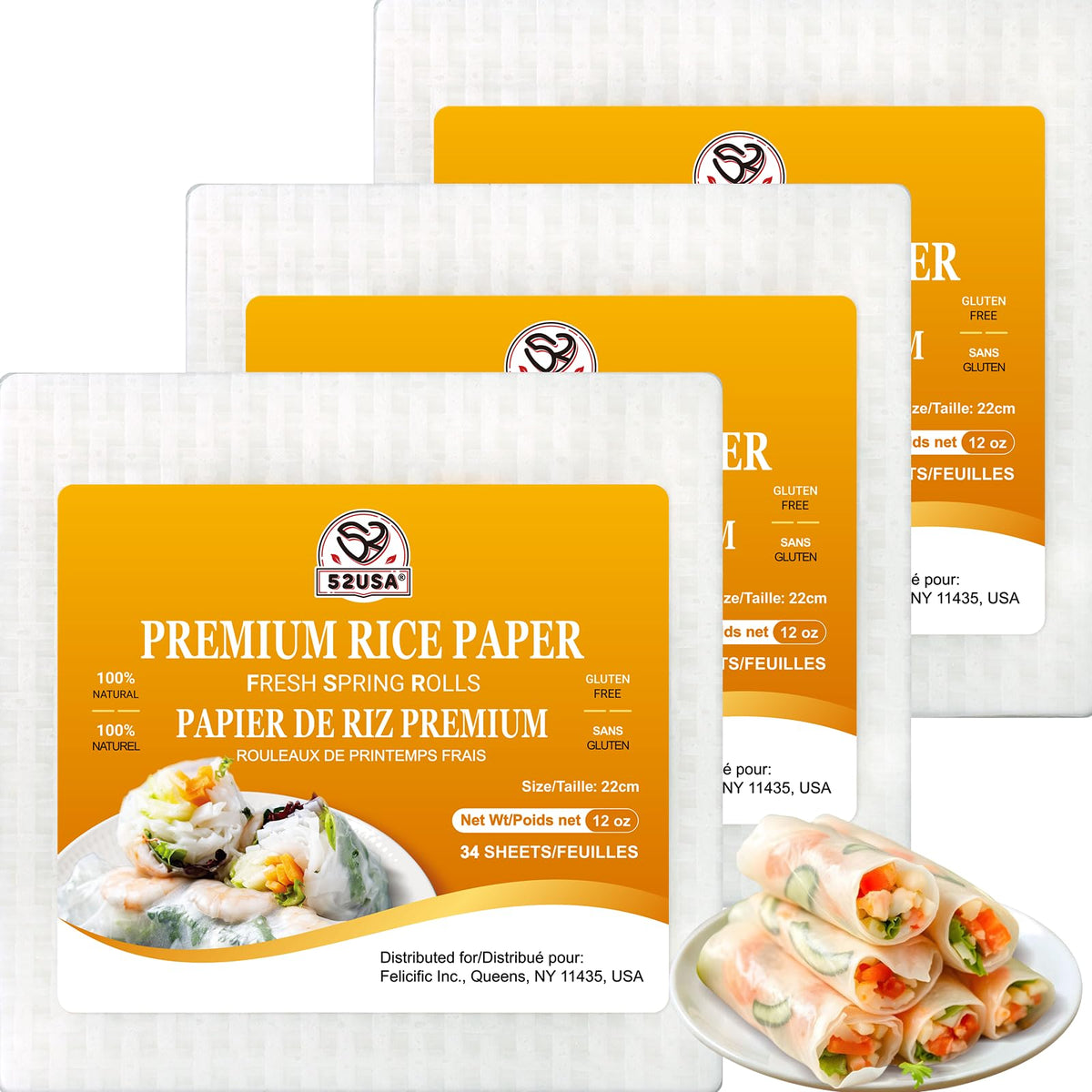 52USA Square Rice Paper 3 Pack 102 Sheets, Spring Roll Wrapper & Dumpling