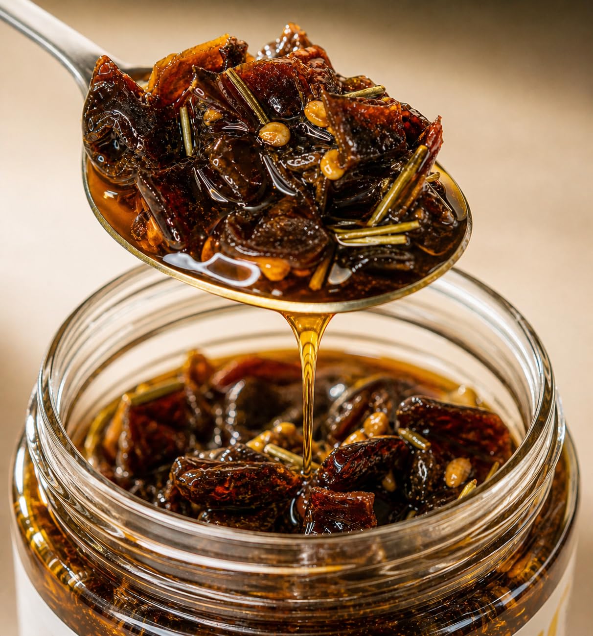 Maestro Kitchen Serrano Honey Chile Crunch - Medium Heat Sweet & Spicy Chili Crisp with Olive Oil, Garlic & Rosemary - Crunchy Mexican Chili Oil