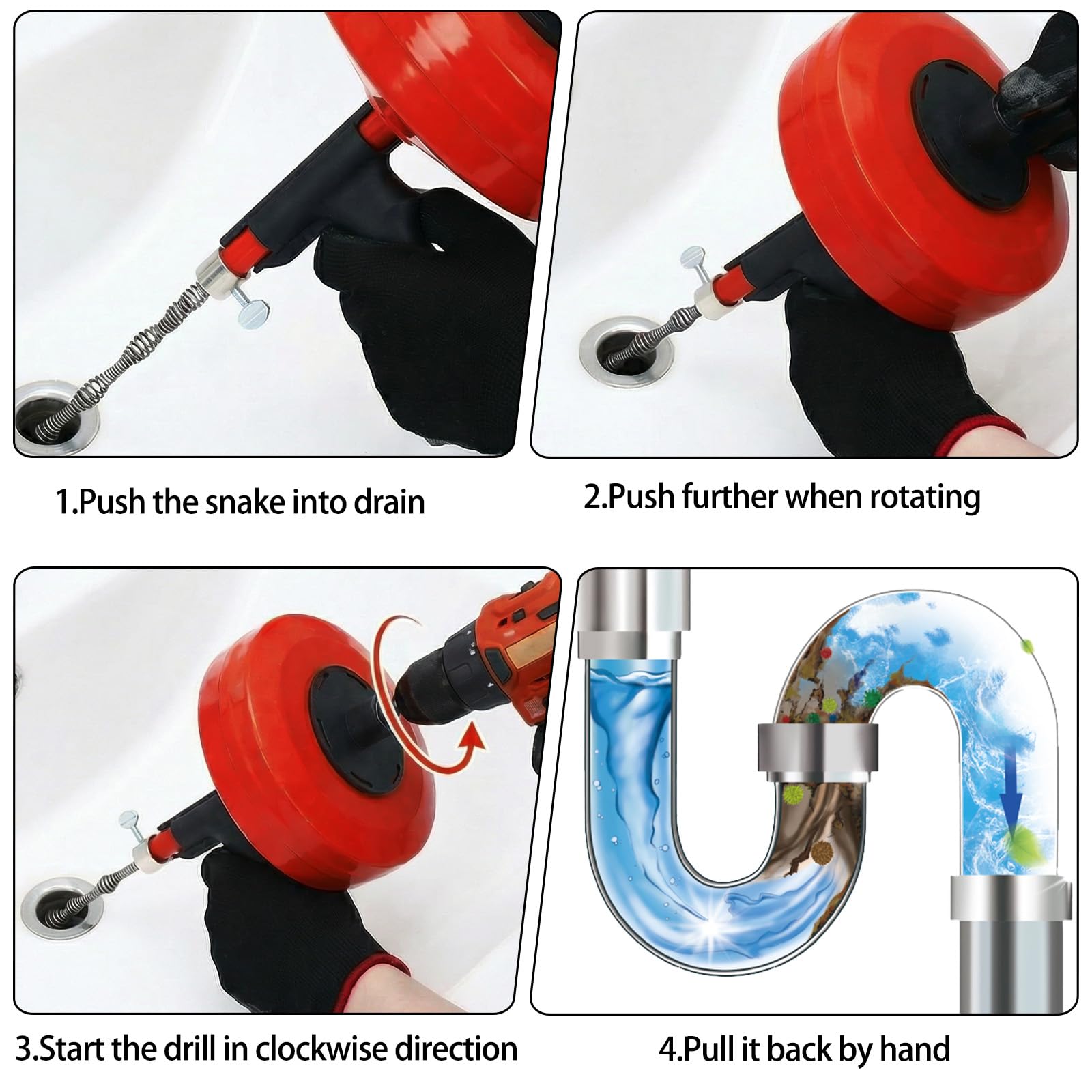 50 Ft Drain Auger,Use Manually or Drill Powered 50 Feet Drain Snake,Heavy Duty Flexible Plumbing Snake,With Gloves and Storage Bag for Kitchen Sink
