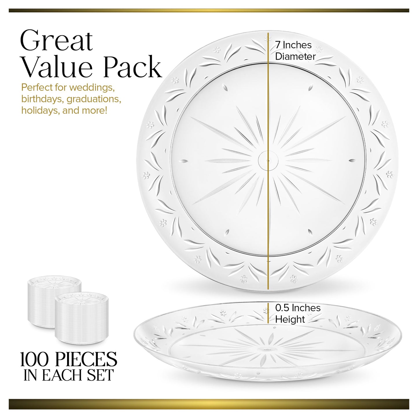 Stock Your Home 100 Count Premium Clear Plastic Plates 7" Inch Small Appetizer, Dessert, and Party Plates, Heavy Duty Hard Plastic Disposable Wedding