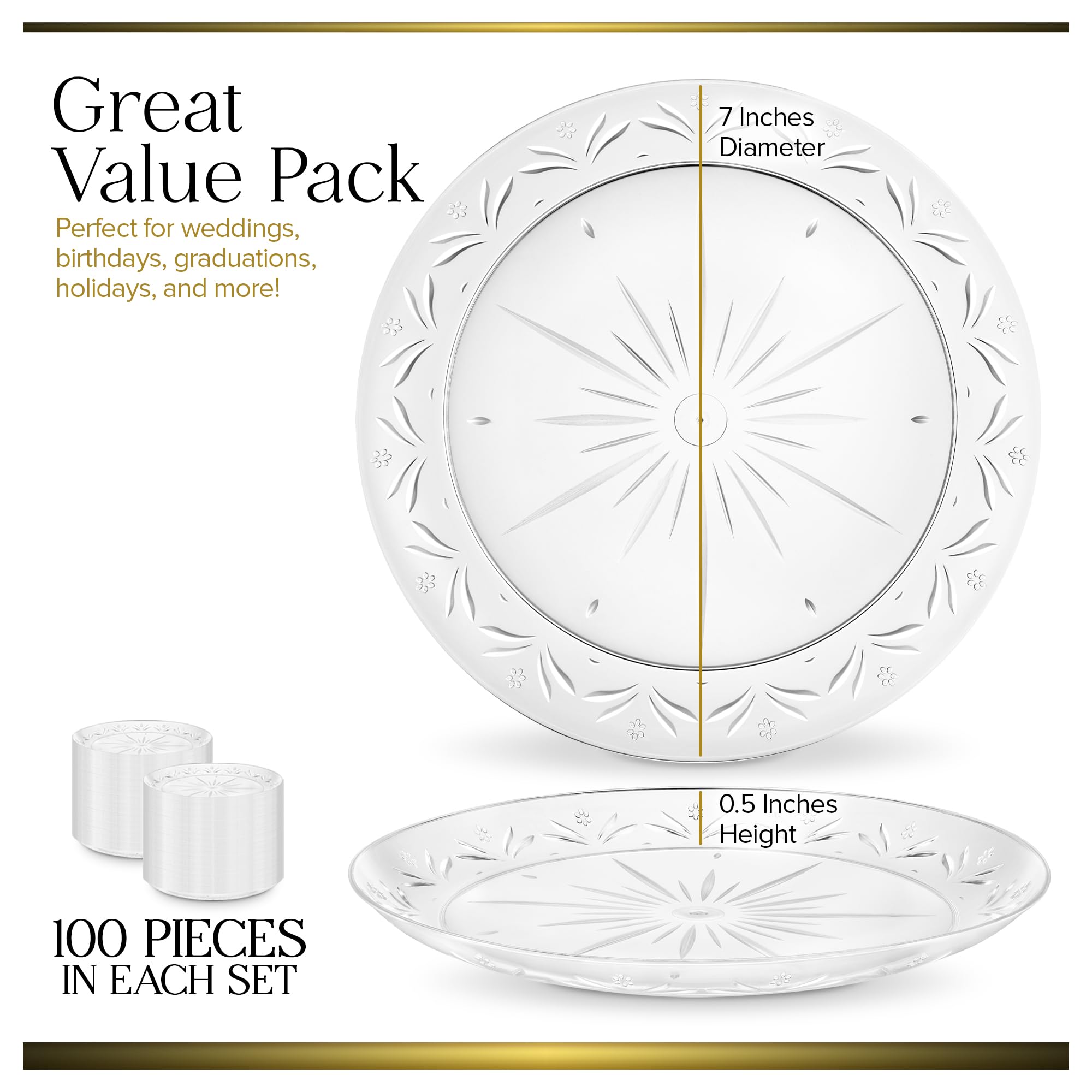 Stock Your Home 100 Count Premium Clear Plastic Plates 7" Inch Small Appetizer, Dessert, and Party Plates, Heavy Duty Hard Plastic Disposable Wedding