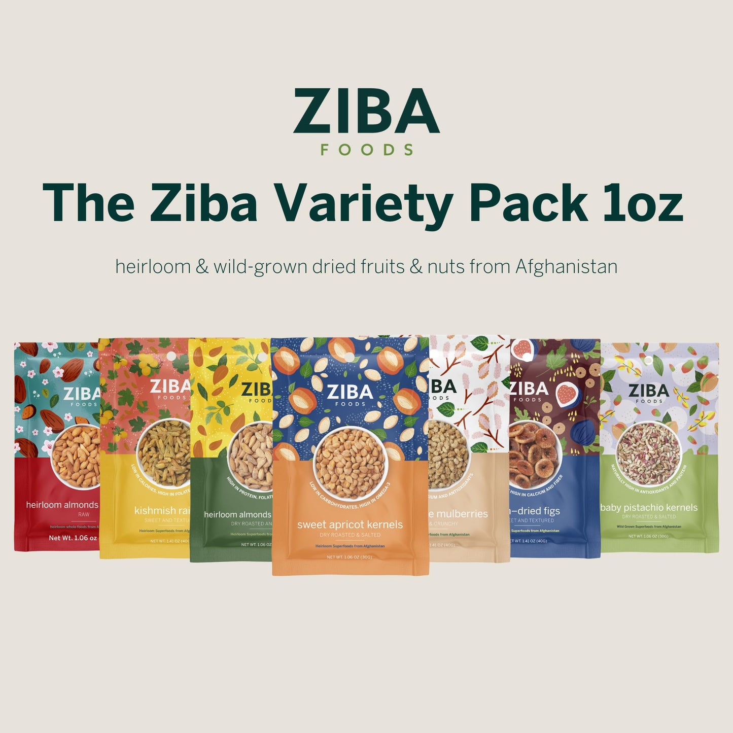 Variety Fruit & Nut Bundle by Ziba | Heirloom Almonds, Salted Pistachios, Sweet Apricot Kernels, Sun-Dried Figs, Dried White Mulberries, Kishmish