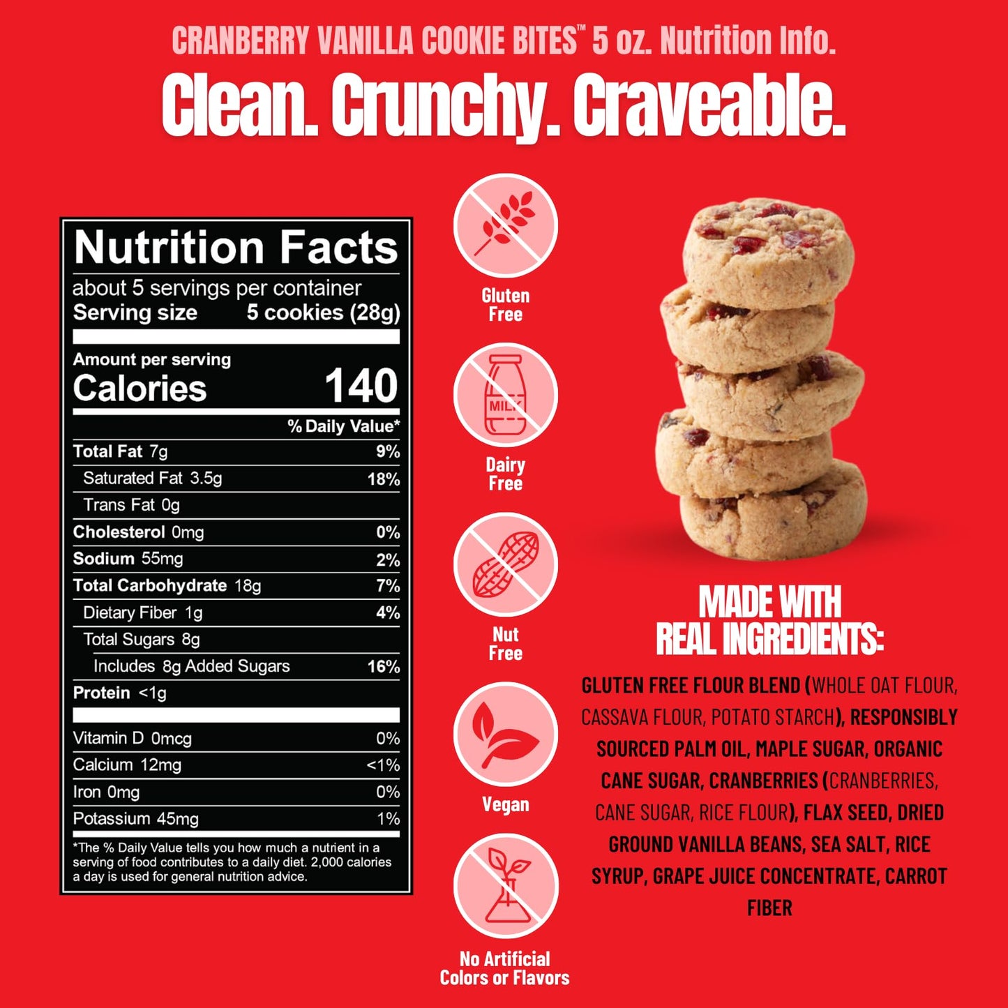 Every Body Eat Cranberry Vanilla Crunchy Cookie Bites - Gluten Free, Dairy Free, Vegan, Seed Oil Free, Allergy Friendly (5 Ounce Pack of 3)