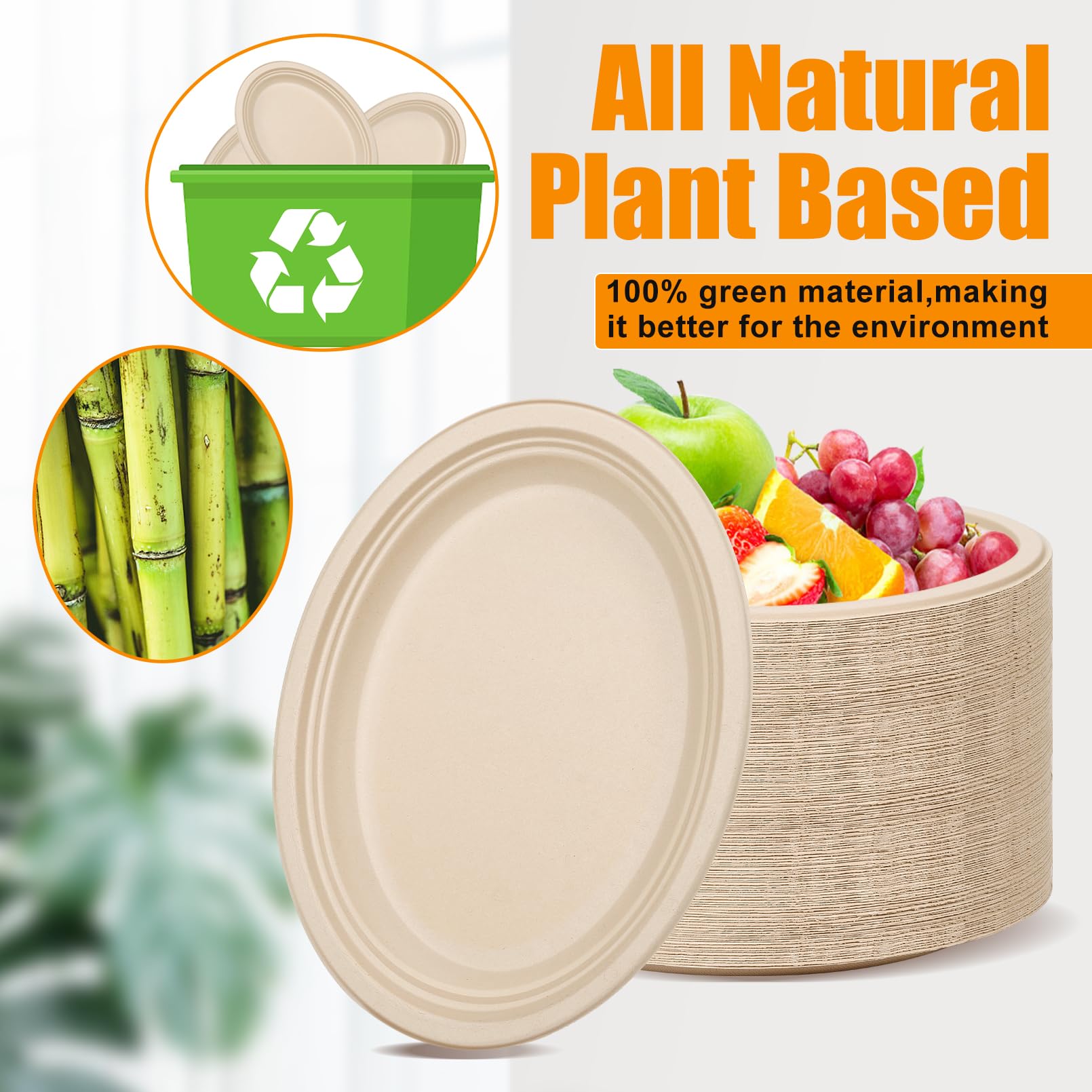RAIHOMKIT 50 Pack Oval Paper Plates,Disposable Paper Plates,Heavy Duty Paper Plates,Natural Bagasse Unbleached Eco-Friendly Sugarcane Plates for BBQ