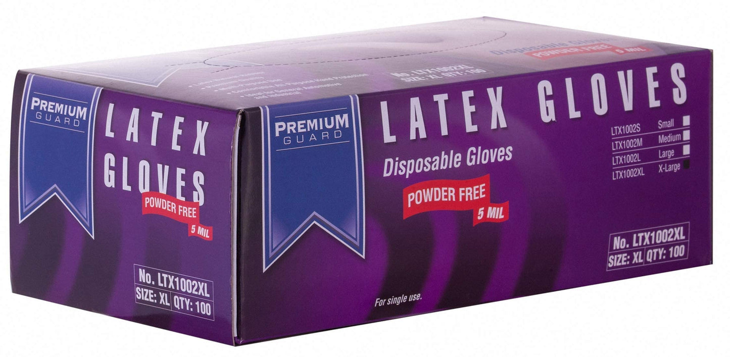 Premium Guard - Disposable Latex Gloves, Powder Free, 100 gloves per Box, Size - XL