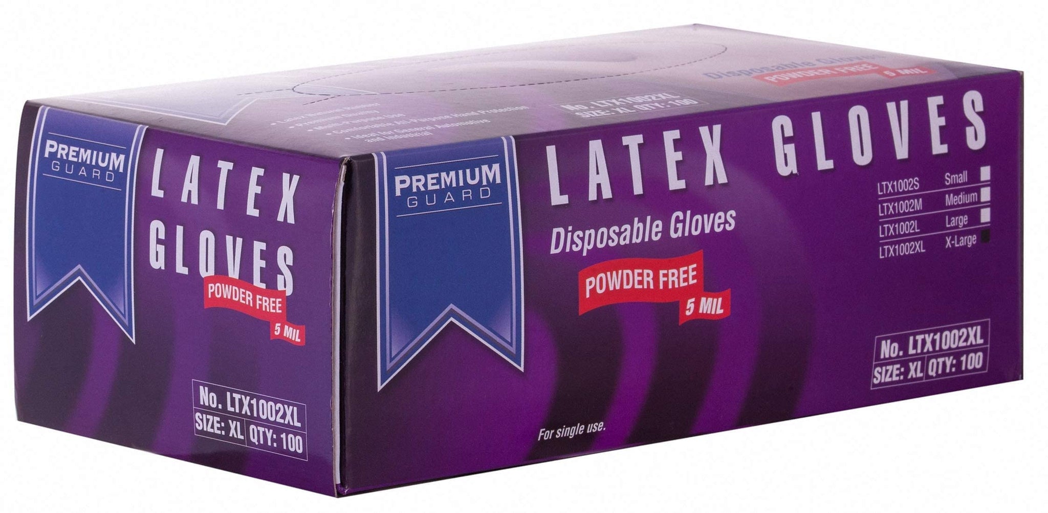 Premium Guard - Disposable Latex Gloves, Powder Free, 100 gloves per Box, Size - XL