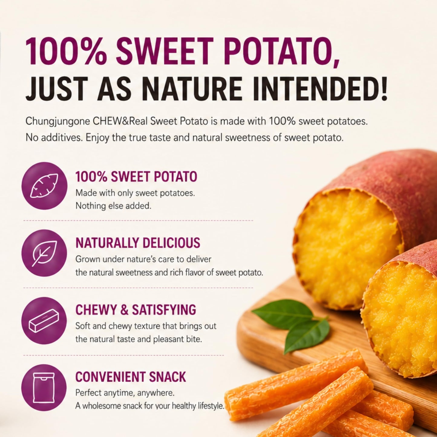Sweet Potato Chews | Single Ingredient | 60g Ready to Eat Snack | Soft Dried Yam | Pantry Snack, Lunch Box Treat, Hiking, Office, Dessert Topping
