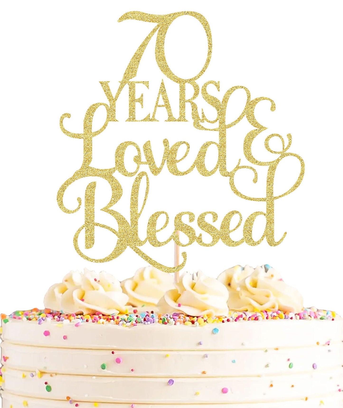 AHAORAY 70 Years Loved Cake Topper - Gold Glitter 70th Birthday Cake Decorating Supplies, Perfect for Wedding, Anniversary or Birthday Party