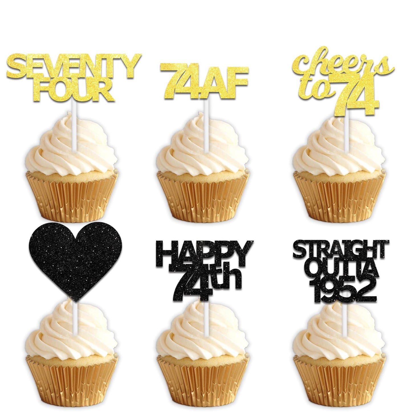18pcs Black Gold Glitter Dessert Cupcake Pick for Straight Outta 1952 Cheer to 74 Years Old Theme Decor Supplies Happy 74th Birthday Party Decoration