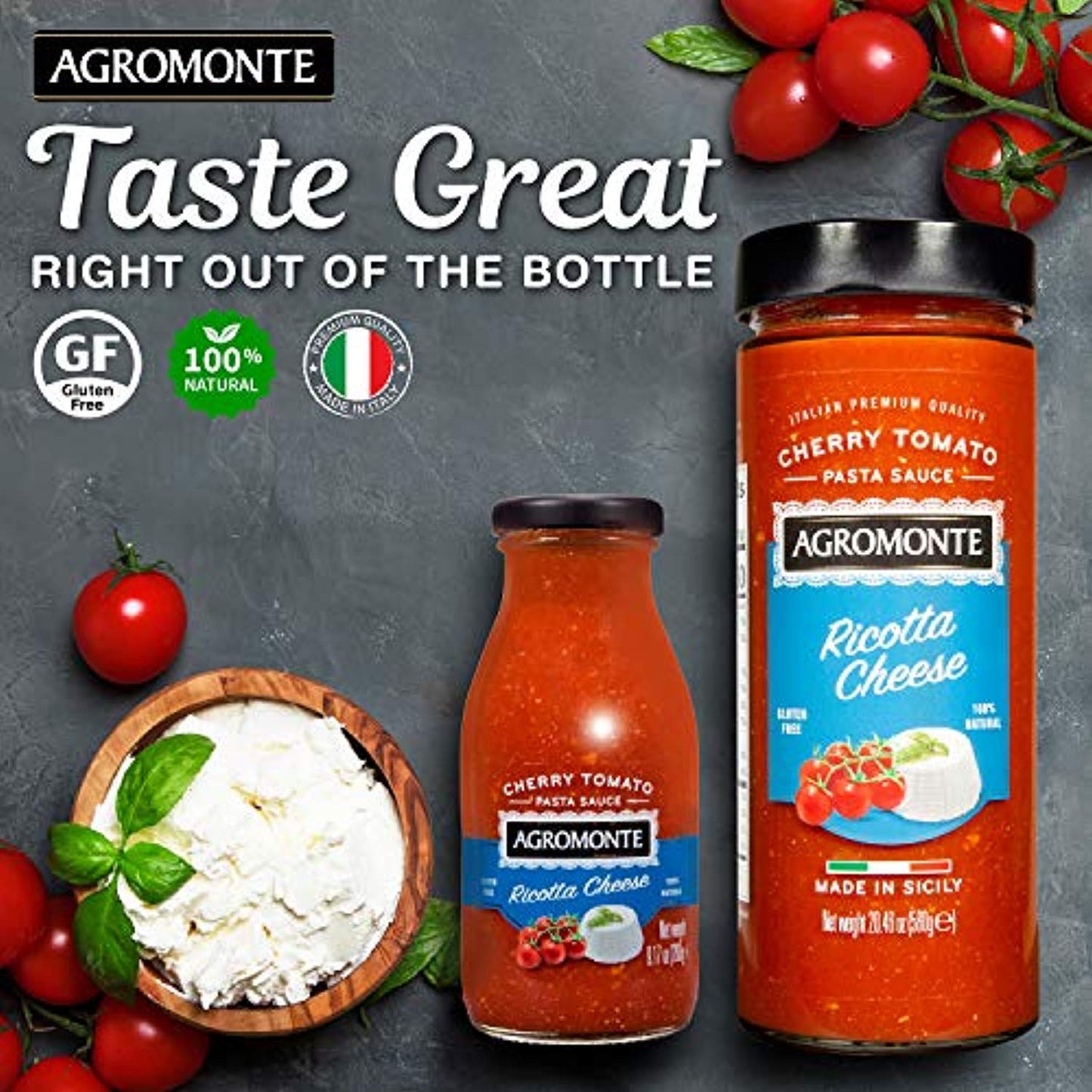 Agromonte Authentic Italian Cherry Tomato Pasta Sauce (Ricotta Cheese)- Taste of Italy Gourmet Foodie and Chef Gift - Certified Kosher, Gluten-Free