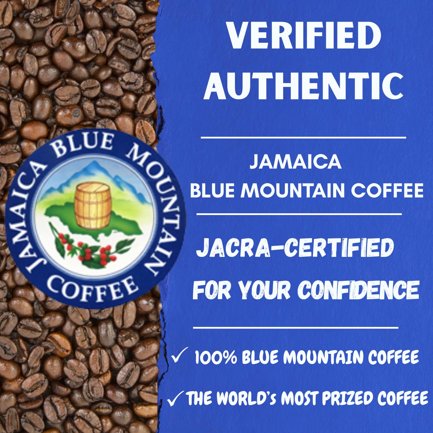 Cafe Blue - 100% Authentic Jamaica Blue Mountain Coffee from Clifton Mount Estate, Medium Roast Whole Bean, Premium Arabica Beans, Bag of 16 Ounces (1