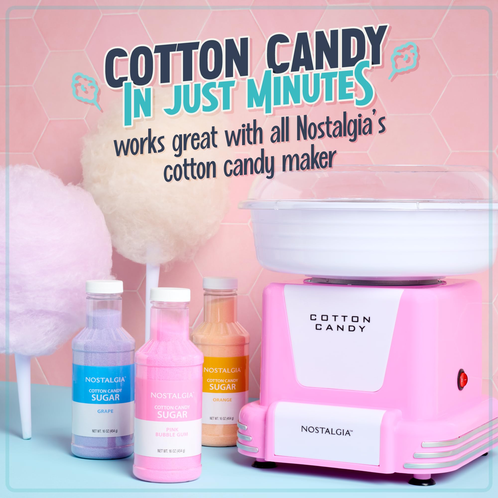Nostalgia Cotton Candy Flossing Sugar (3-Pack), Grape, Pink Bubble Gum, Orange - Three 16-oz Bottles of Cotton Candy Sugar Mix - 96 Small to Medium