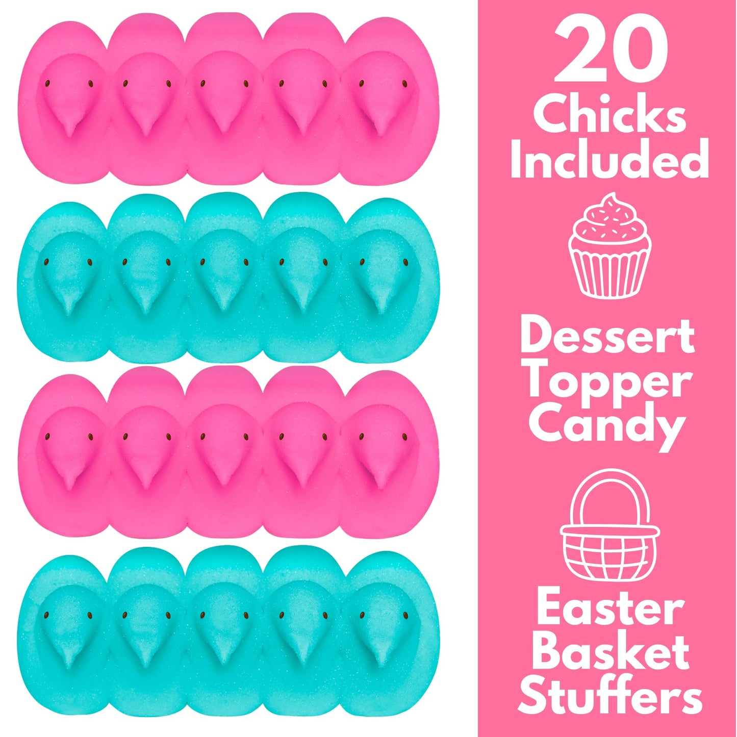 Pink and Blue Peeps Marshmallow Chicks, Classic Easter Basket Stuffers, Gender Reveal Themed Candy or Dessert Toppers, 5 in Each (Pack of 4)