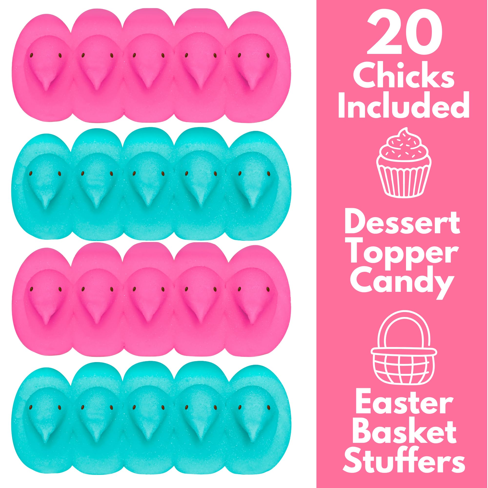Pink and Blue Peeps Marshmallow Chicks, Classic Easter Basket Stuffers, Gender Reveal Themed Candy or Dessert Toppers, 5 in Each (Pack of 4)