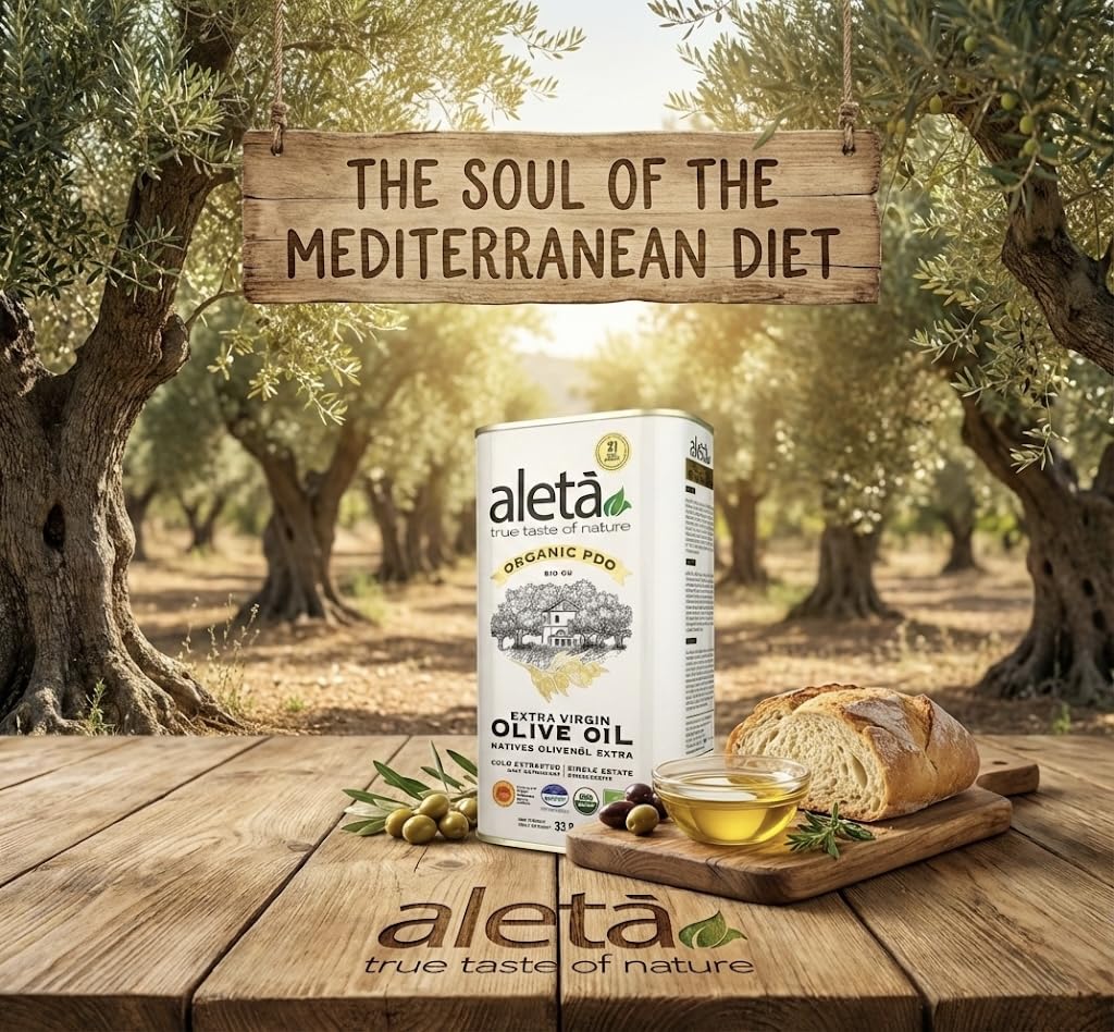 Aleta, Organic & PDO Extra Virgin Olive Oil, 2025 Gold Award, Certified Single Estate, Crete Greece, First-Cold Press, 1 Lt (33.8 oz.) Tin, Pack of 2