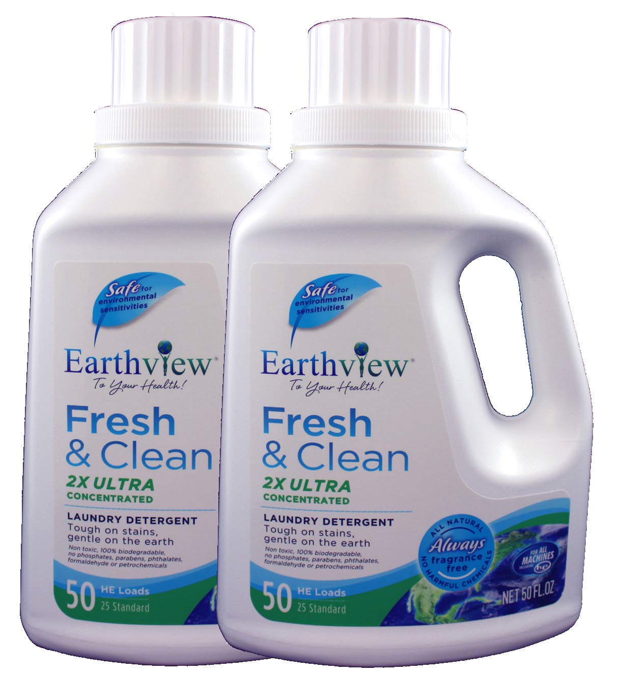 Earthview Liquid Laundry Detergent, Fragrance Free, 2 pk/ 50 oz- Designed for Environmental Sensitivities (MCS, EI, MI) Sensitive Skin, Unscented