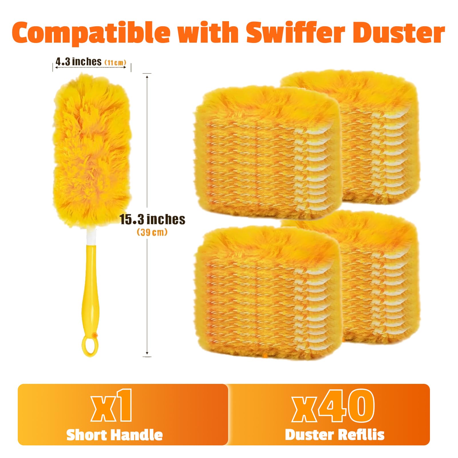 40-Pack Duster Refills Compatible for Swiffer Duster Refills, 360° Disposable Heavy Duster Dry Cleaning Cloth with 1 Short Handle, Multi-Surface