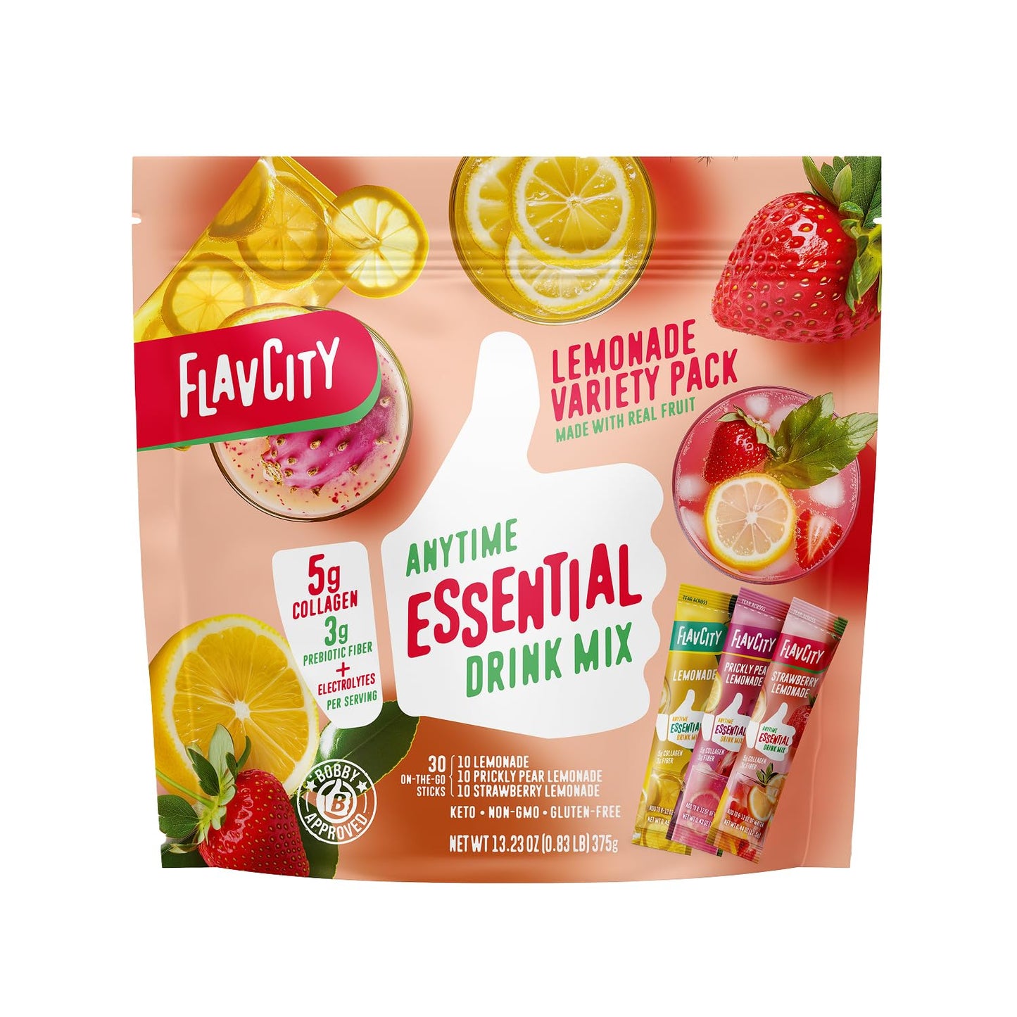 FlavCity Anytime Essential Lemonade Variety Pack - Powder Drink Mix Packets with Collagen - Lemonade Packets in 3 Flavors - Water Flavoring
