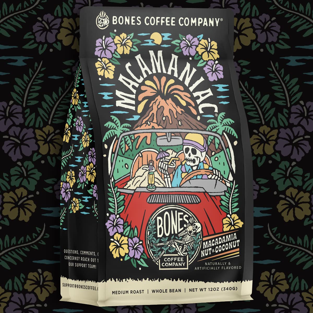 Bones Coffee Company Macamaniac, Macadamia and Coconut Flavored Coffee, Medium Roast Low Acid Arabica Beans Compatible with Auto drip and French Press