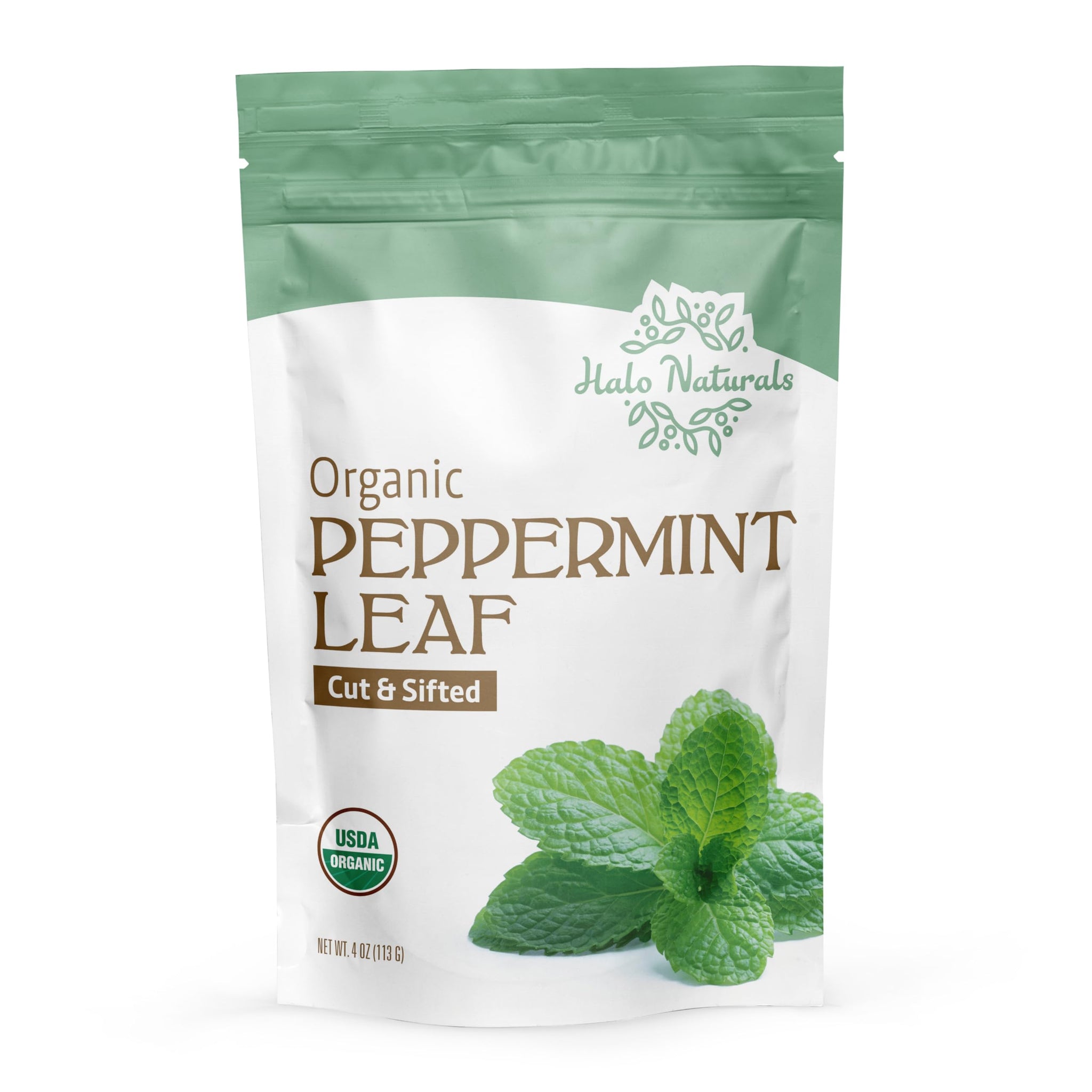 Halo Naturals Organic Peppermint Leaf Cut & Sifted, 4 Ounces (Mentha piperita) USDA Certified | Resealable Pouch| Packaged in The USA (Pack of 1)