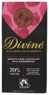 Divine Chocolate, Bar Dark Chocolate Raspberries 70%, 3 Ounce
