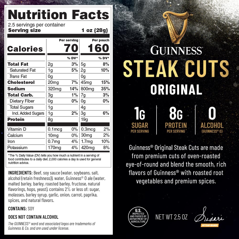 Guinness Steak Cuts, Original Flavor, 3 Pack (2.5 Ounce Bags) - Tender Real Steak Snack Marinated in Guinness 0.0 - Savory Pot Roast Flavor - Jerky