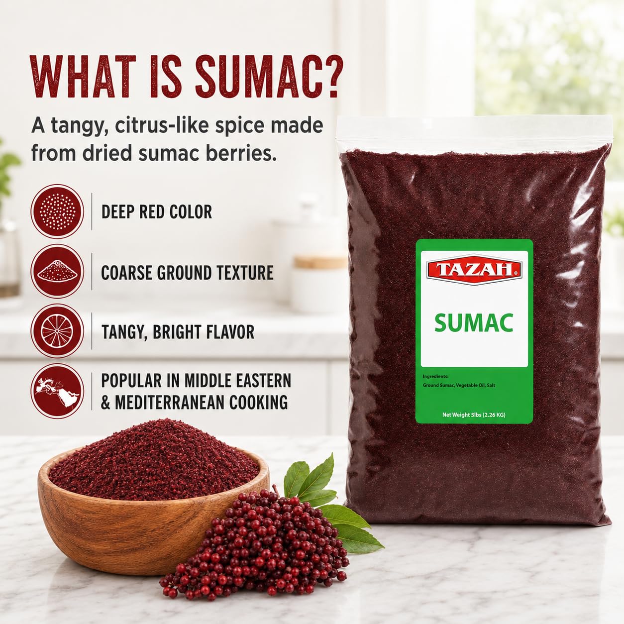 Tazah Sumac Spice 5 lb, Bulk Ground Sumac Seasoning from Jordan, Tangy Middle Eastern and Mediterranean Spice Powder for Restaurants, Foodservice