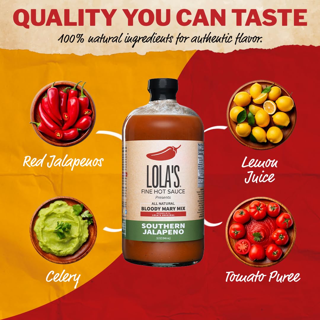 Lola's Fine Hot Sauce - Lola's Southern Jalapeno Bloody Mary Mix 32 oz | All-Natural, Gluten-Free | Made from Scratch | Infused with Lola's Signature