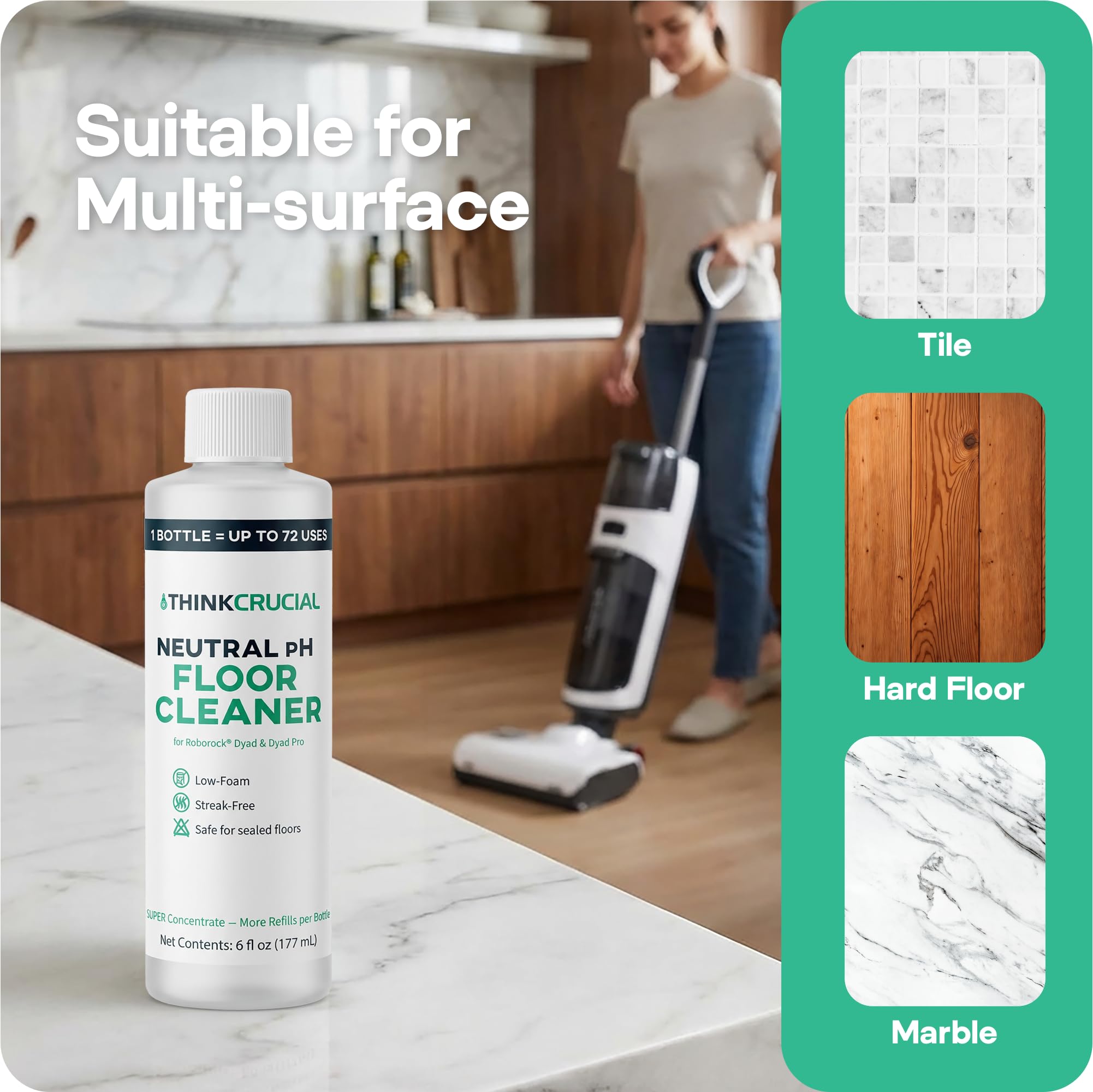 Think Crucial 72x Uses SUPER Concentrate Compatible with Roborock® Dyad & Dyad Pro - 6 oz Neutral pH Multi-Surface Floor Cleaning Solution