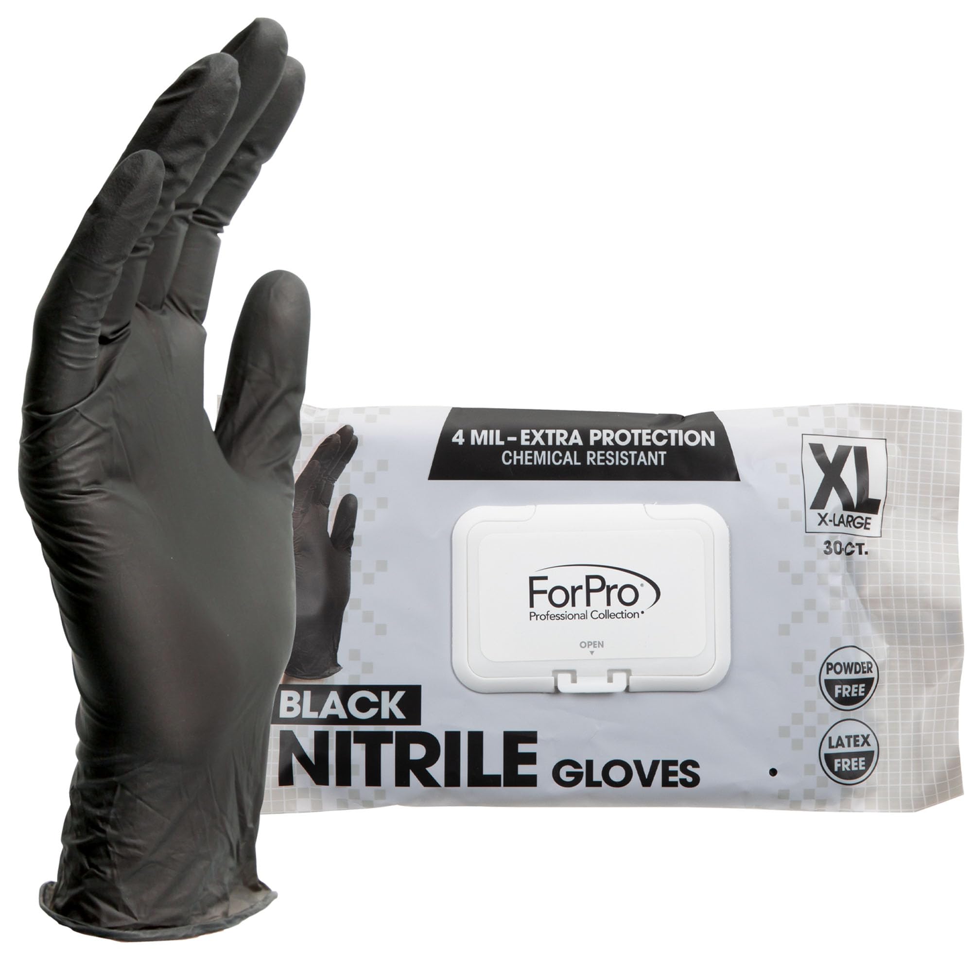 ForPro Professional Collection Disposable Nitrile Gloves, Chemical Resistant, Powder-Free, Latex-Free, Non-Sterile, Food Safe, 4 Mil, Black, X-Large
