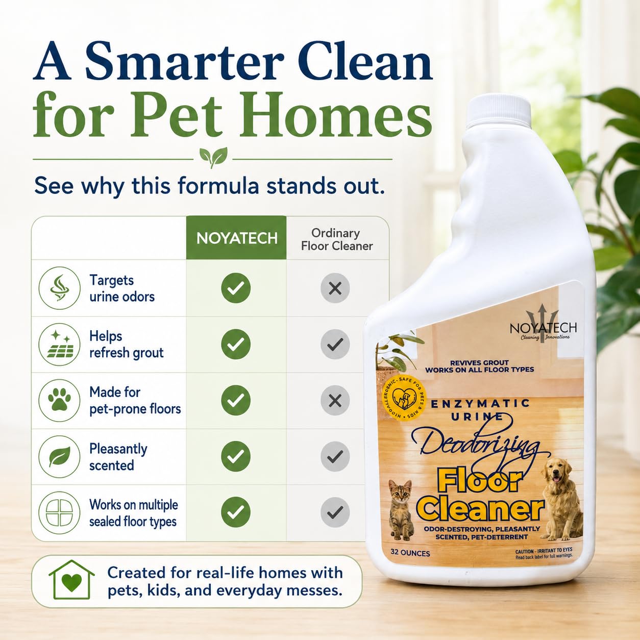 NOYATECH Pet Floor Cleaner for Mopping - Enzyme Urine & Odor Eliminator - Safe for Hardwood, Tile, Laminate & Grout - Dog & Cat Pee Concentrate, 32 oz