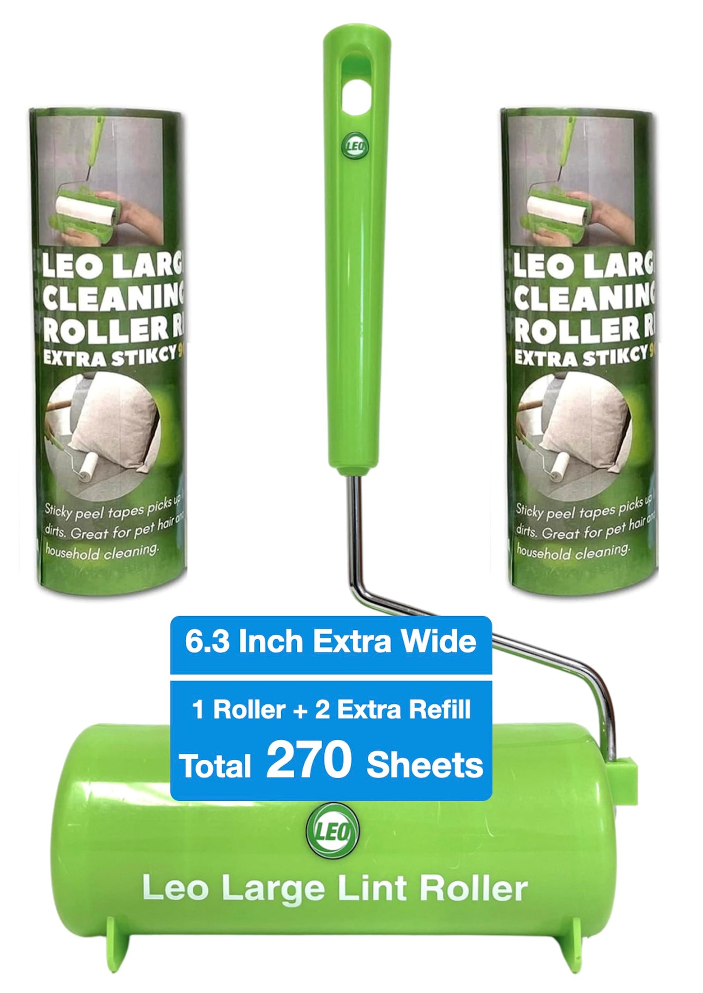 Leo 6.3-Inch Wide Lint Roller with 12-Inch Handle, Dog Hair Roller for Pet Cat Hair Removal, Super Sticky Roll Floor Refill, Leo Cleaning Roller