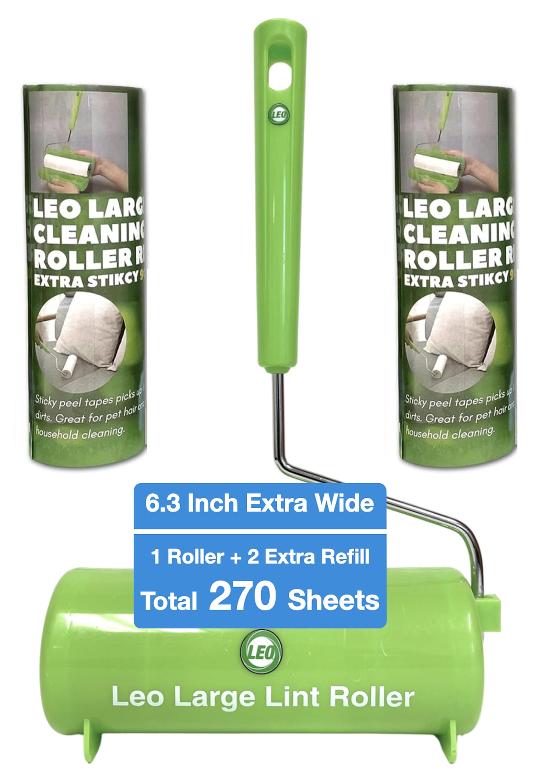 Leo 6.3-Inch Wide Lint Roller with 12-Inch Handle, Dog Hair Roller for Pet Cat Hair Removal, Super Sticky Roll Floor Refill, Leo Cleaning Roller