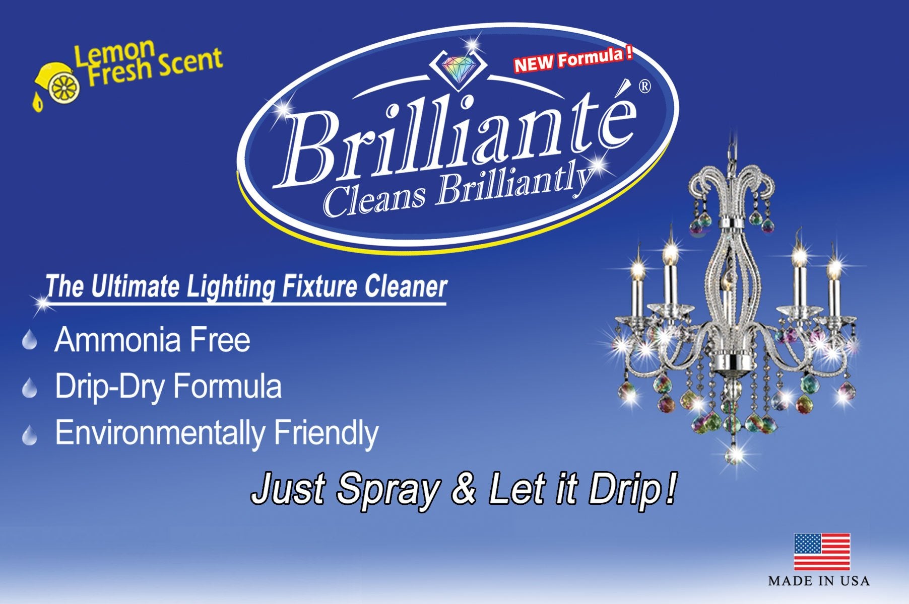 Brilliante Crystal Chandelier Cleaner - Manual Sprayer 32oz Environmentally Safe, Ammonia-free, Drip-dry Formula, Made in USA (4 Pack)