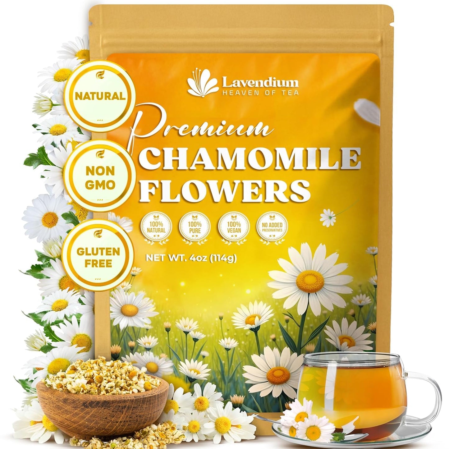 Lavendium, Premium 4oz Dried Chamomile Flowers, 100% Natural & Pure Whole Chamomile Blossoms, No Additives or Preservatives, Non-GMO, Plant-Based