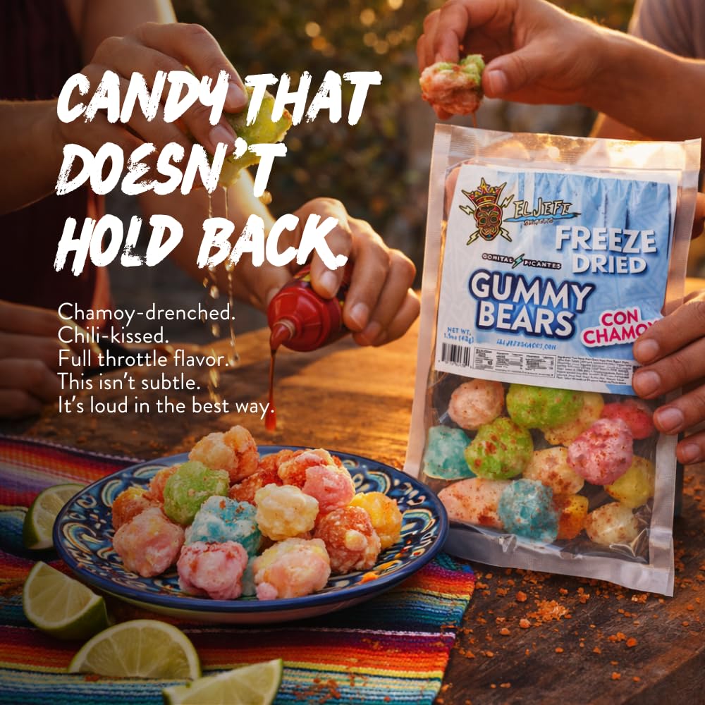 El Jefe Snacks Freeze-Dried Gummy Bears with Chamoy - Crunchy Freeze-Dried Candy with Sweet Fruit Flavor & Tangy Chamoy - Light, Airy Candy Snack
