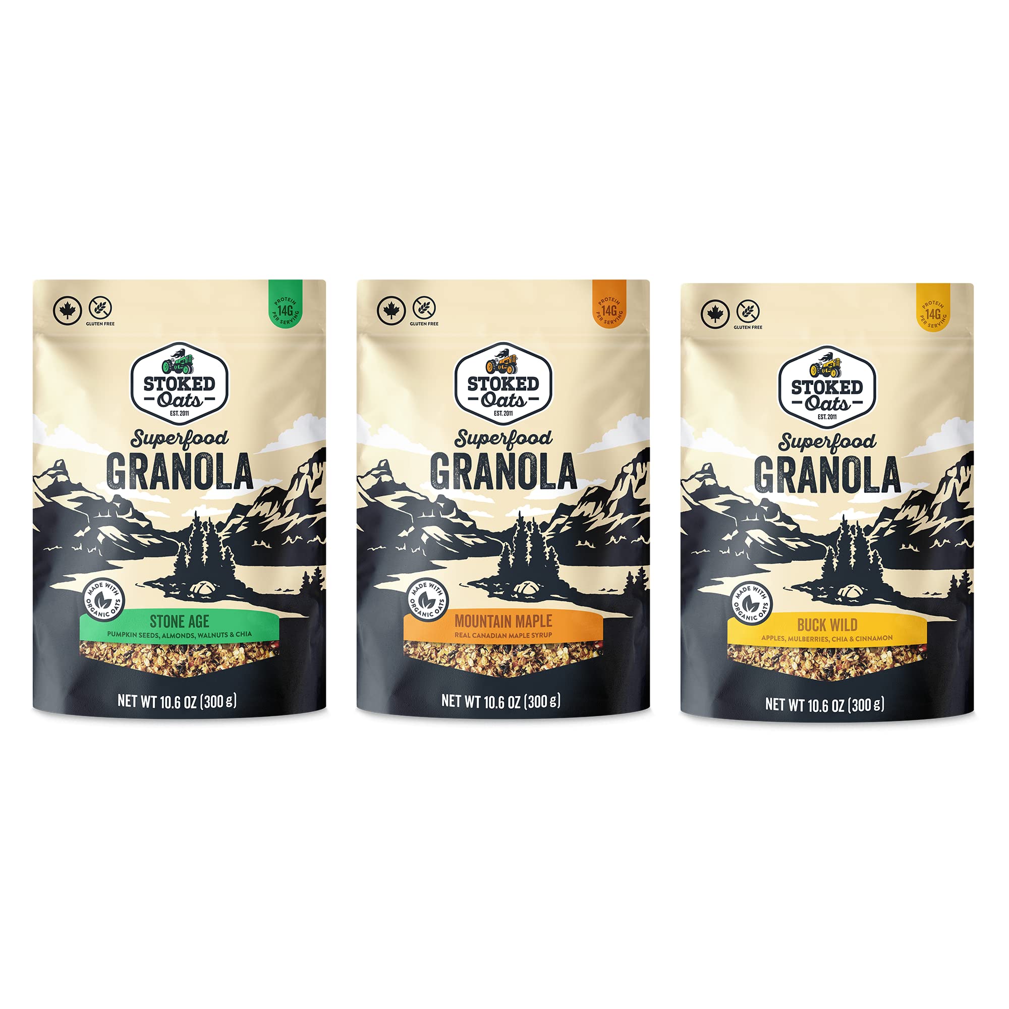 Stoked Oats Granola - Variety Pack (3 Pack), High Protein, Less Sugar, Superfood Breakfast - Gluten Free, High Fibre, Non GMO (10.6oz per box)