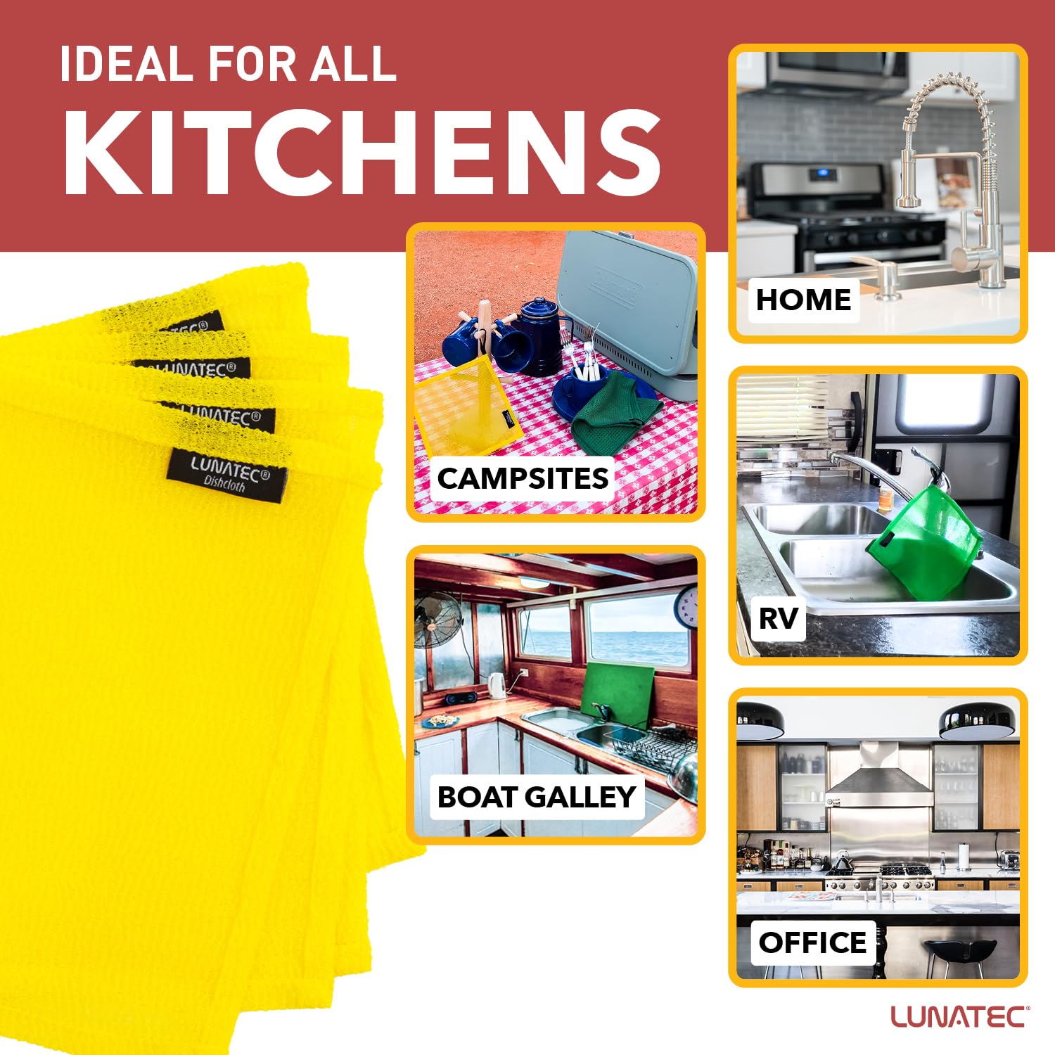 Lunatec® Odor-Free Kitchen Dishcloths. A Scrubber and scouring pad for All Surfaces. Safe for Non-Stick. (6-Pack)