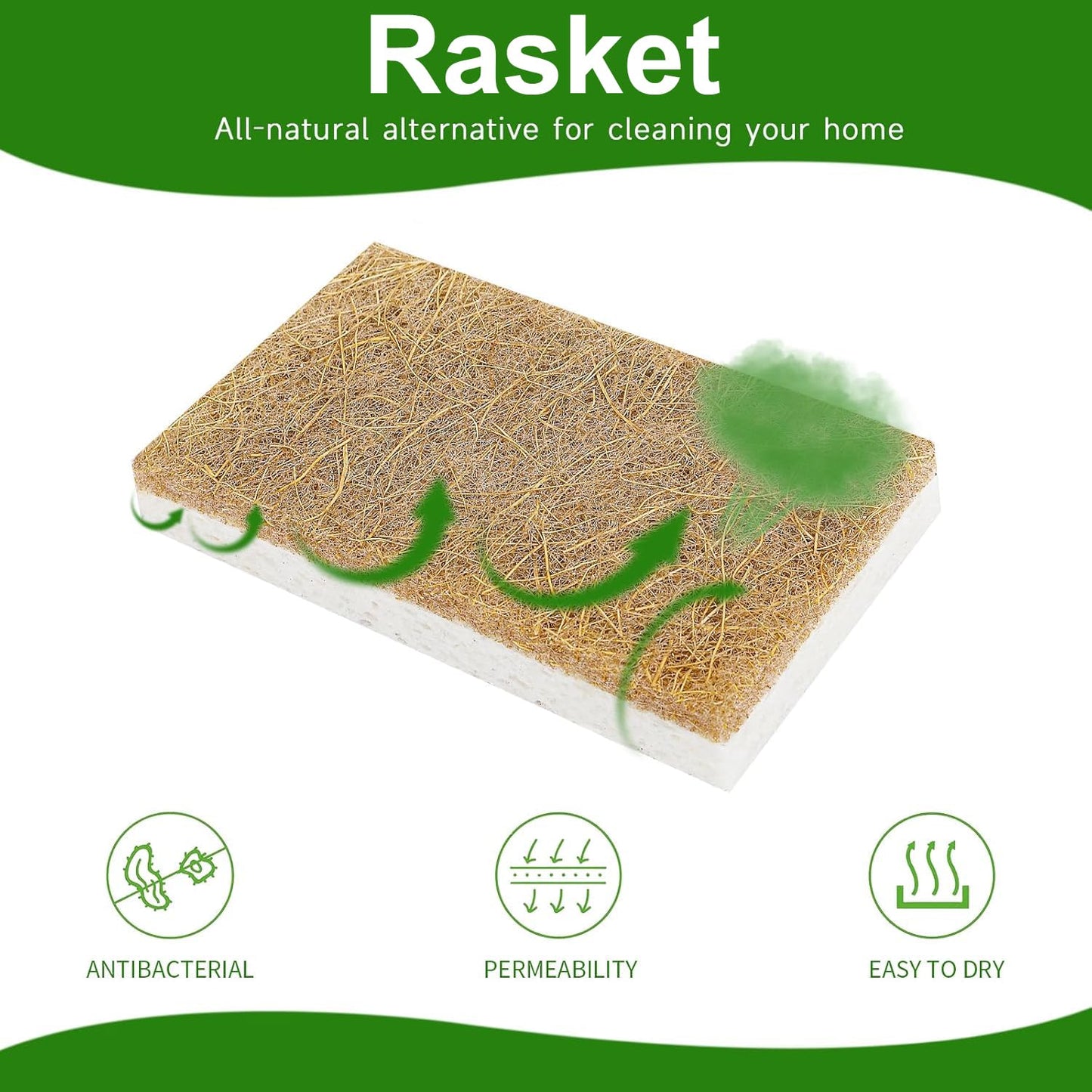 Rasket 10 Pack Biodegradable Natural Sponges Kitchen - Compostable Cellulose and Coconut Walnut Scrubber Sponge - Eco Friendly Sponges for Dishes