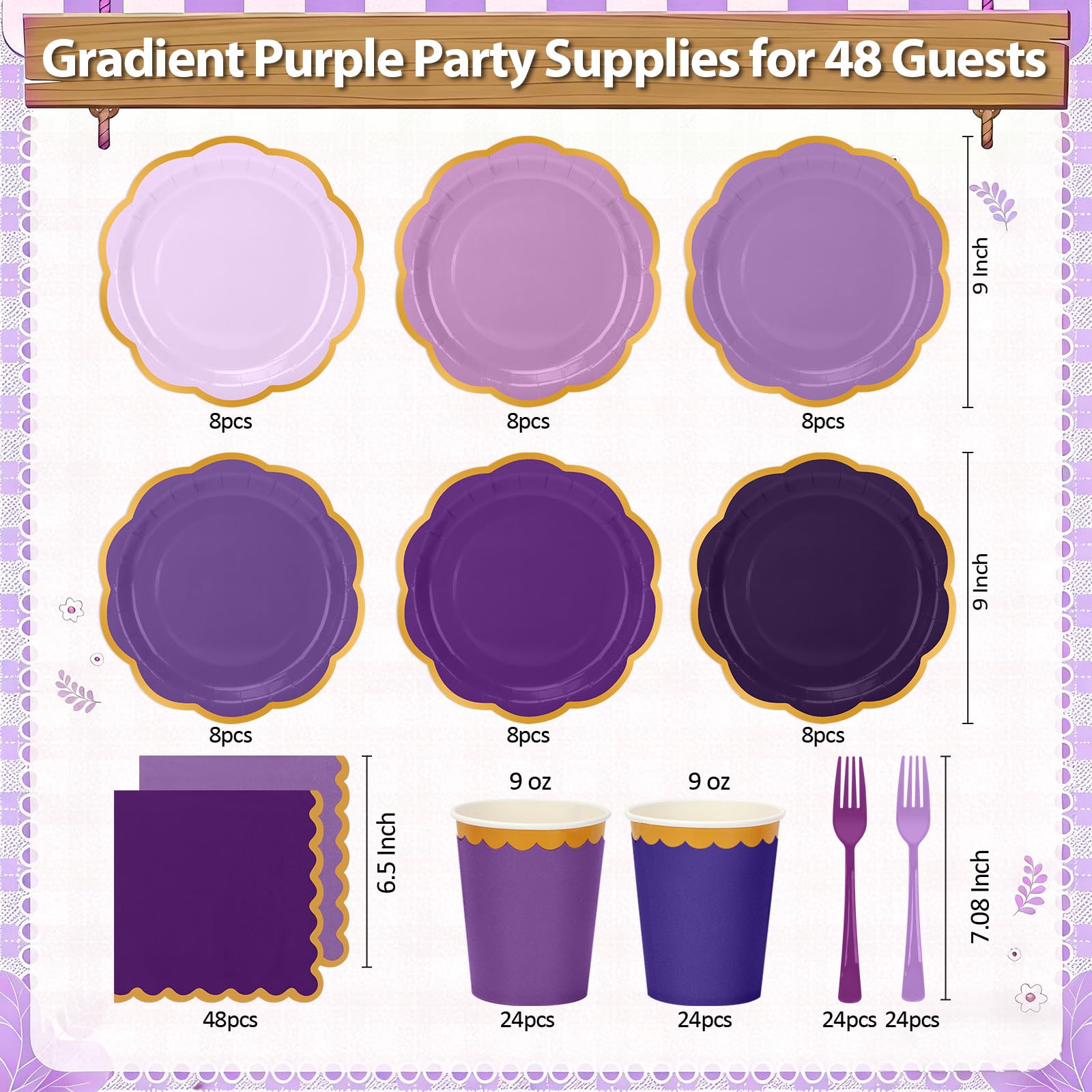 CLIYTICA Purple Paper Plates and Napkins Party Supplies Serves for 48 Guests, Disposable Gradient 9’’ Scalloped Lavender and Gold Plates Tableware Set