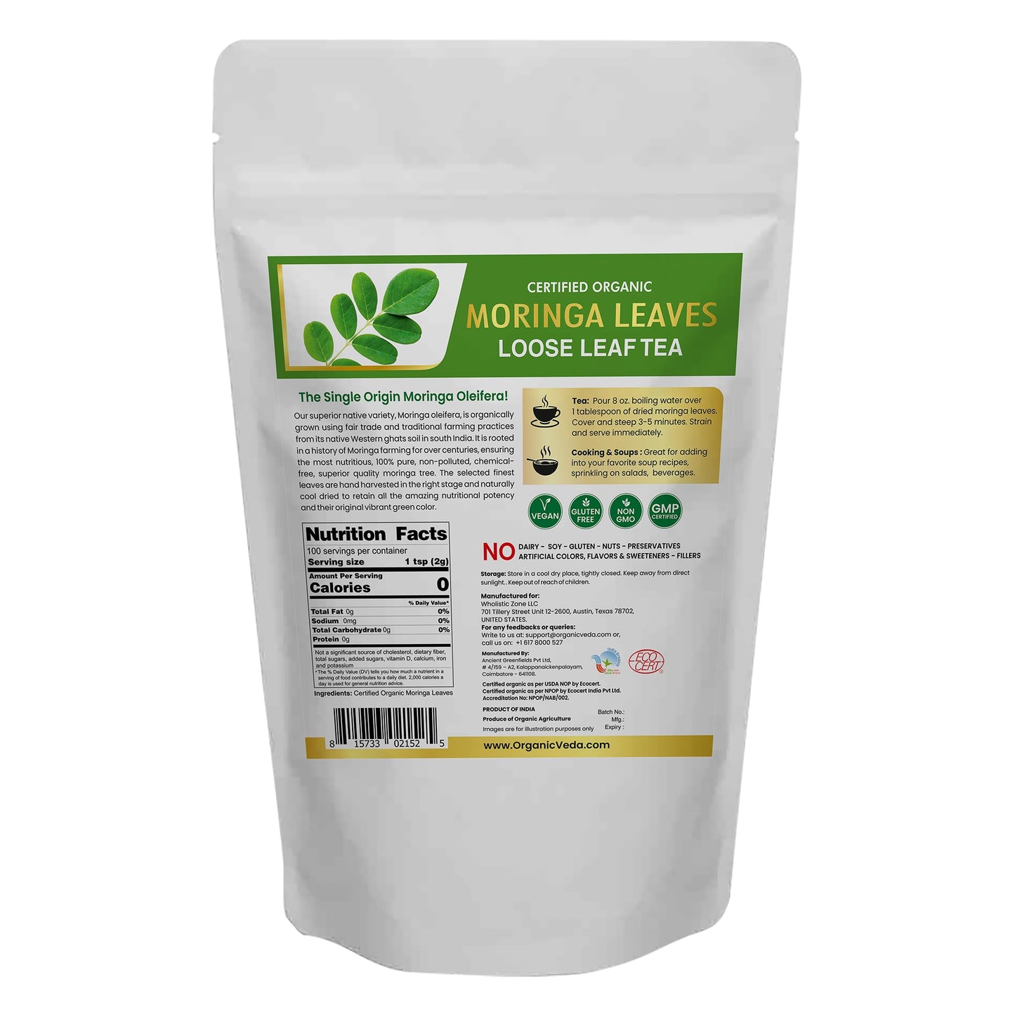 Organic Veda Moringa Tea Leaves - True Green Rich, Premium Single Origin,100% Organic Moringa Oleifera Loose Leaf Tea, Baking, Soup Powder