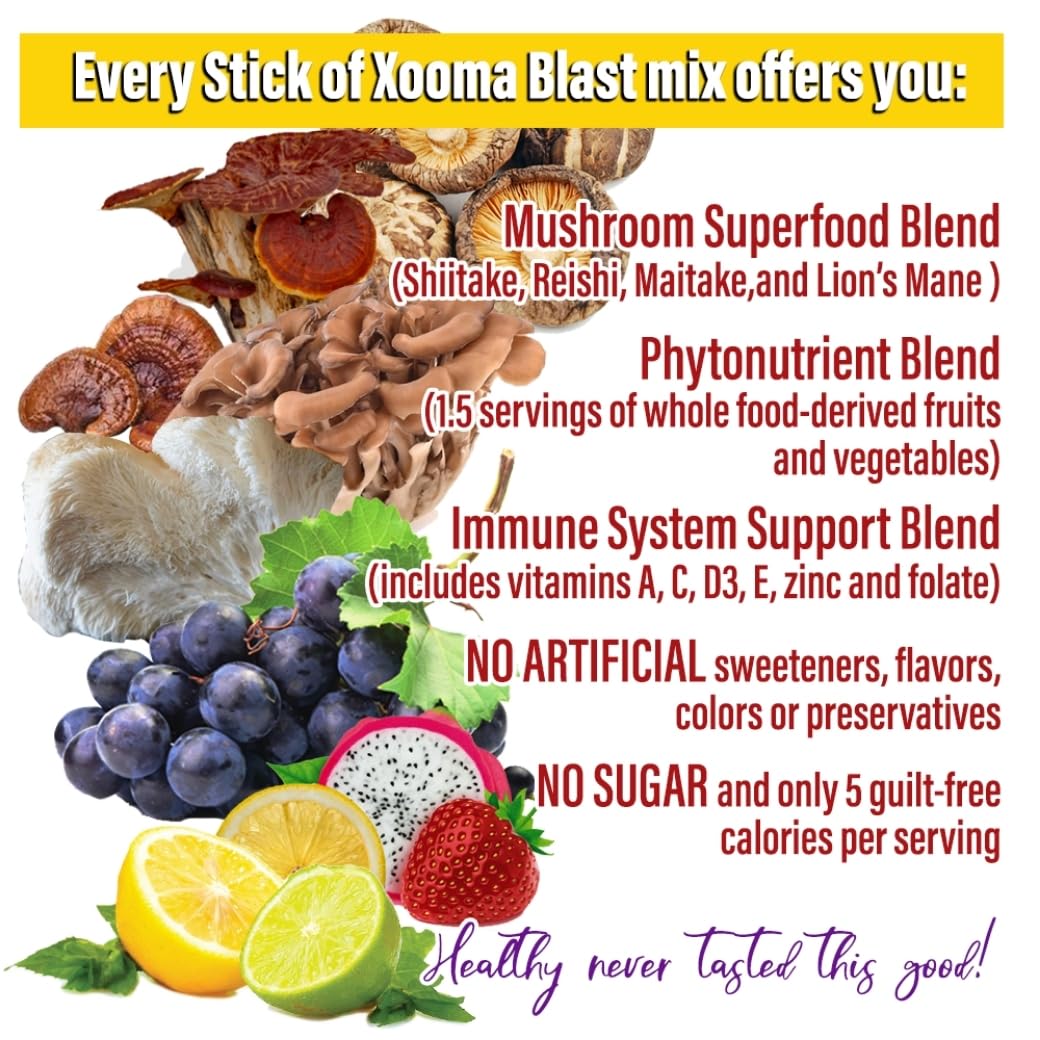 Xooma Blast Sugar Free Drink Mix Sticks - Whole Food Phytonutrient Powder with Immune Supporting Vitamins and Functional Mushroom Blend - Low Calorie