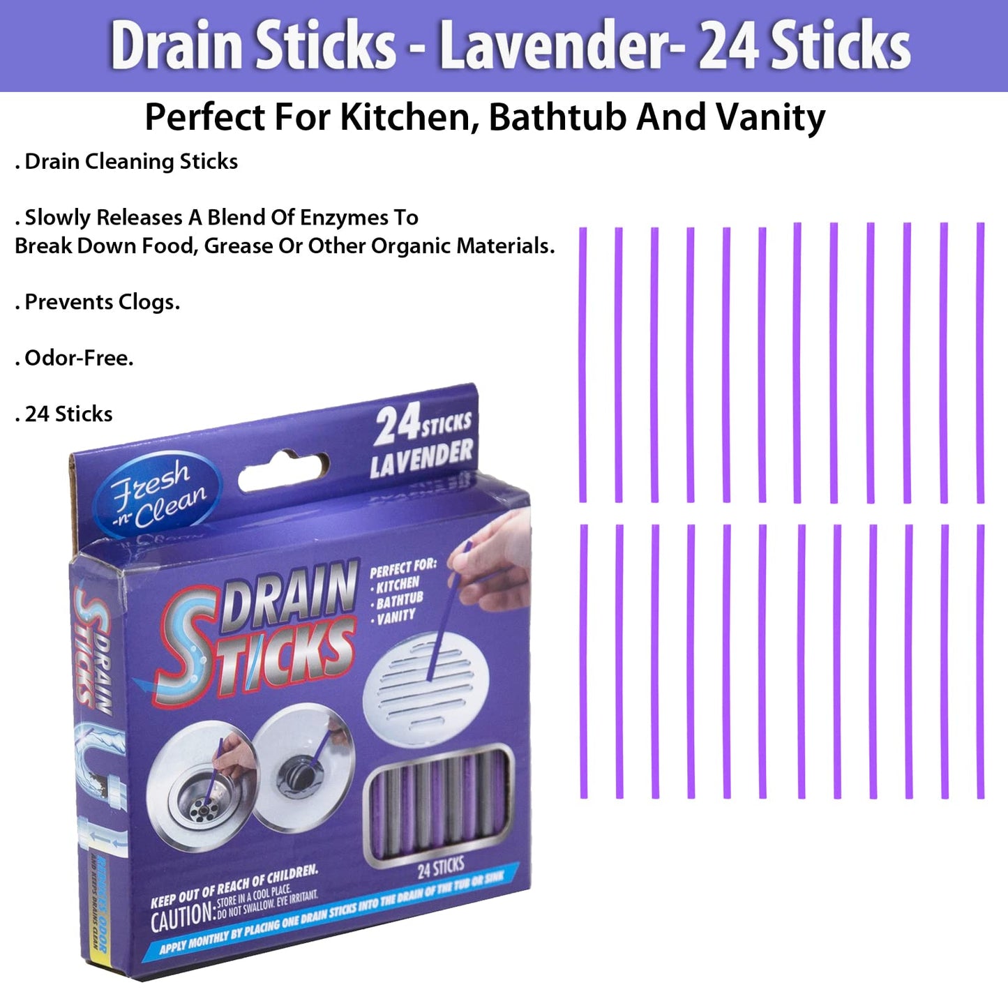 Drain Sticks Cleaning and Sanitation Sink Freshener Keep Odor Free- Lavender- 24 Sticks