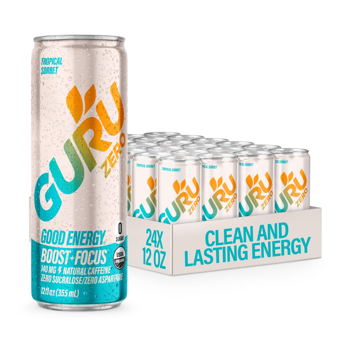 GURU Zero Sugar Energy Drink, Tropical Sorbet, 12 Fl Oz, 24 Pack