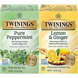 Twinings Tea Variety 2-Pack - Pure Peppermint + Lemon & Ginger, Naturally Caffeine-Free Herbal Tea Bags, Individually Wrapped, 20 Count Each