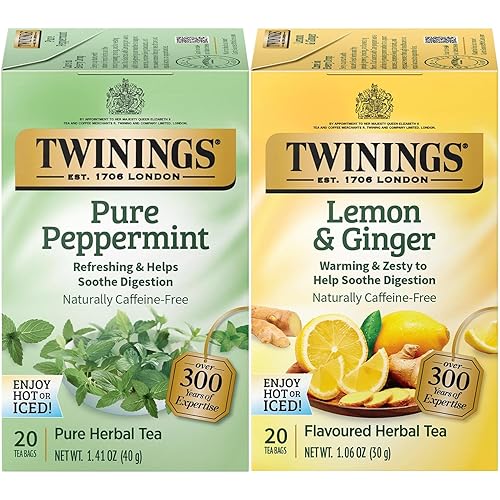 Twinings Tea Variety 2-Pack - Pure Peppermint + Lemon & Ginger, Naturally Caffeine-Free Herbal Tea Bags, Individually Wrapped, 20 Count Each